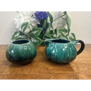 Vintage Blue Mountain Pottery Creamer Sugar Set Drip Glaze Green Canadian MCM‎